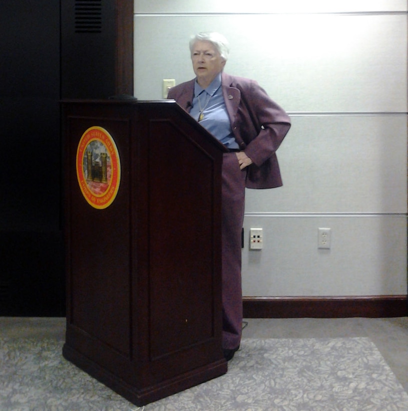 WASHINGTON — Retired U.S. Air Force Brig. Gen. Wilma L. Vaught gives a keynote speech during the U.S. Army Corps of Engineers Womens' History Month ceremony here, Mar. 26, 2012. Vaught is one of the most highly decorated women in U.S. history. She served in the Air Force for more than 28 years, and is one of only a handful of women in the world who have been promoted to the rank of general.