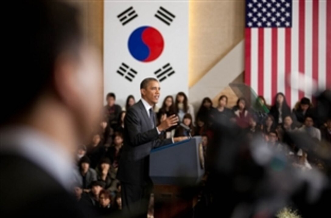 U.S. President Barack Obama delivers remarks at Hankuk University of Foreign Studies in Seoul, Republic of Korea, March 26, 2012. 
