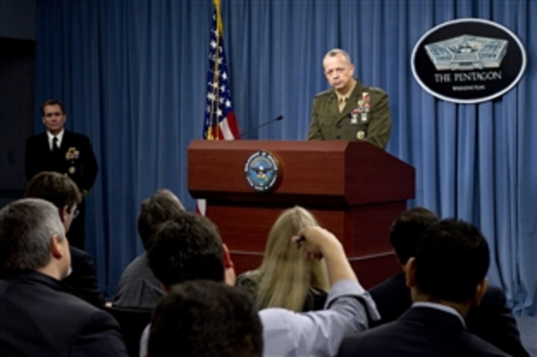 U.S. Marine Corps Gen. John R. Allen, commander of the International Security Assistance Force and U.S. Forces Afghanistan, briefs reporters at the Pentagon, March 26, 2012. 