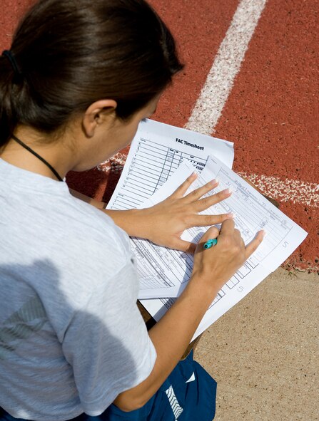 Airman 1st Class Lucy Fuller, 2nd Medical Group mental health technician, records run times while administering a physical training test on Barksdale Air Force Base, La., March 27. Until recently, civilian employees administered the tests. Now, unit PT leaders act as augmentees to administer tests to fellow Airmen. (U.S. Air Force photo/Senior Airman Chad Warren)(RELEASED)