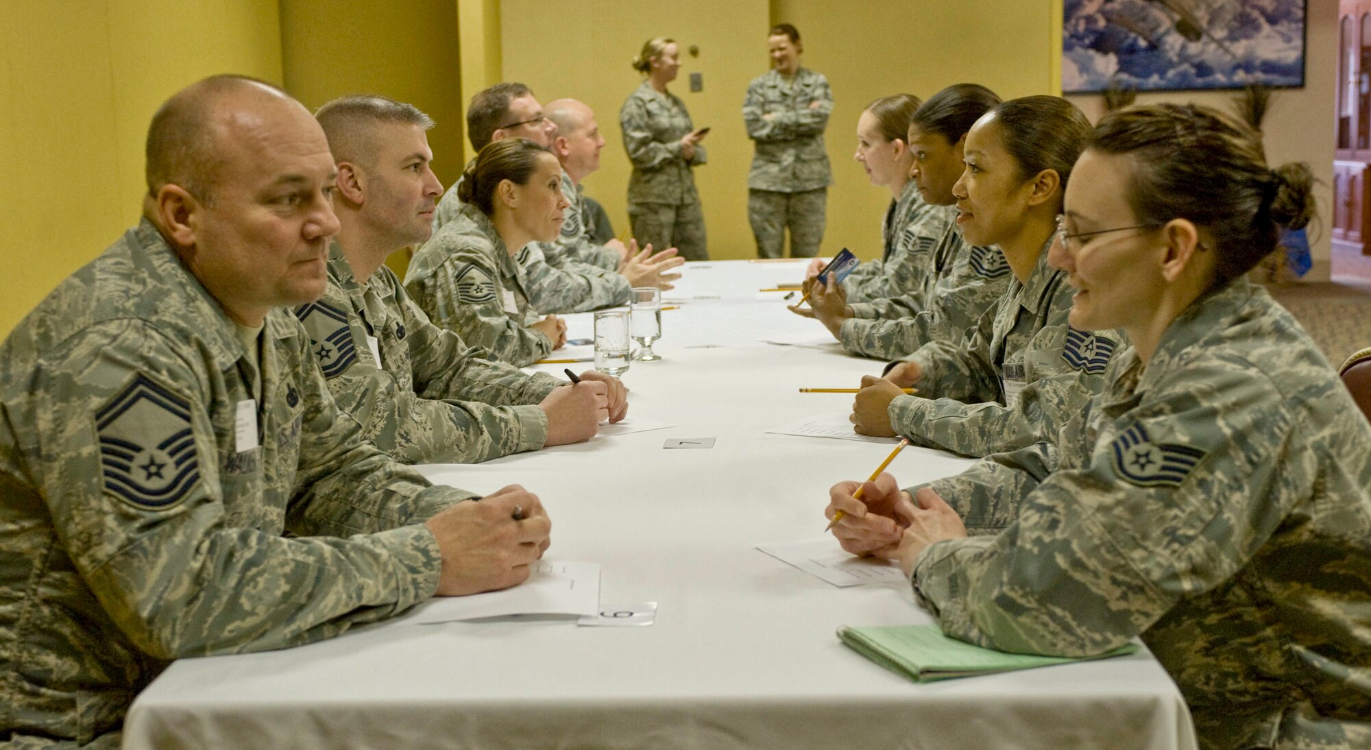 NCOs and Senior NCOs from a variety of career fields participate in an inaugural speed mentoring event held at Ellsworth Air Force Base, S.D., March 2, 2012.  A primary concern for participants seeking mentorship was guidance on how to be a good leader.  (U.S. Air Force photo by Airman 1st Class Anania Tekurio/Released).     