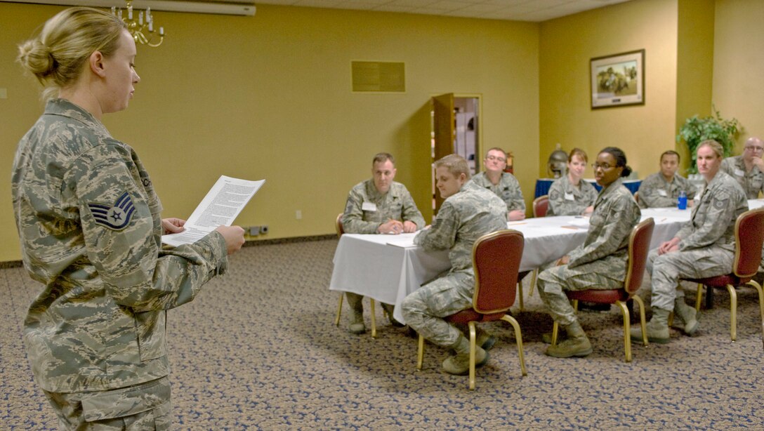 Staff Sgt. Jessica Schalles, 28th Communications Squadron ground radar maintenance, introduces guidelines for a speed mentoring event at Ellsworth Air Force Base, S.D., March 2, 2012. The speed mentoring event consisted of eight NCOs and twelve senior NCOs all volunteering to build mentoring relationships.  (U.S. Air Force photo by Airman 1st Class Anania Tekurio/Released).