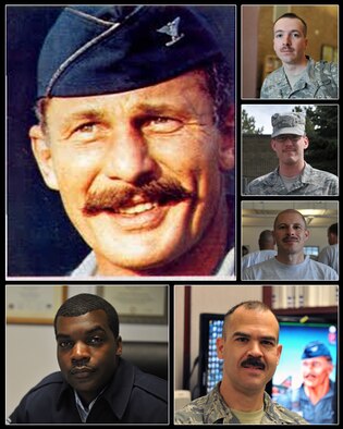 U.S. Air Force Airmen stationed at Mountain Home Air Force Base, Idaho, participating in Mustache March surround a photo of triple ace Brig. Gen. Robin Olds. Olds was famous for his skills as a decorated fighter pilot and for the signature non-regulation handlebar mustache he grew while serving in Vietnam. (U.S. Air Force photo illustration/Airman 1st Class Heather Hayward)