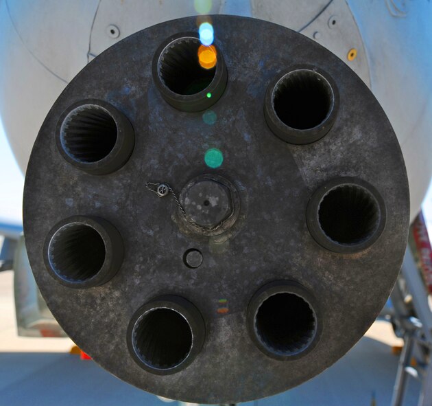 One 30 millimeter GAU-8/A seven-barrel Gatling gun sits idle on an A-10 Thunderbolt II March 24, 2012, during a Major Weapons Systems Day event at Laughlin Air Force Base. The event hosted eight aircraft and allowed participants the opportunity to see the past, present and future of Air Force aviation while allowing student pilots a first-hand look at aircraft they may potentially fly. (U.S. Air Force photo/Senior Airman Scott Saldukas)