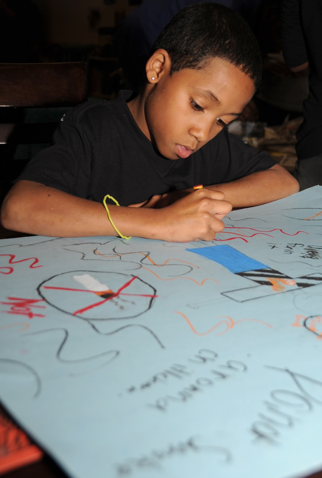 Malique Limule, 9, son of Maranda and Staff Sgt. Alvin McMillian, 336th Training Squadron, decorates a “Kick Butts Day” poster at the youth center March 19, 2012, at Keesler Air Force Base, Miss.  The anti-smoking event poster display was judged March 21, with a prize awarded to the first place winners in each age category.  (U.S. Air Force photo by Kemberly Groue)