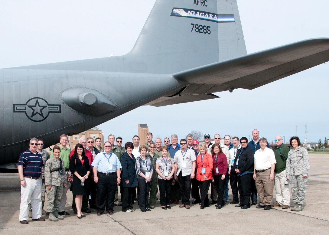 Area leaders are given a tour of Dobbins Air Reserve Base and the Lockheed Martin facility as part of the 914th Airlift Wings civic leader program March 22-23 2012 Dobbins ARB, Ga. The tour gave them the opportunity to see the manufacturing of a C-130, the retrofit of a C-5 aircraft and was highlighted with the opportunity to pilot a C-130 aircraft simulator. (U.S. Air Force photo by Tech Sgt. Joseph McKee)