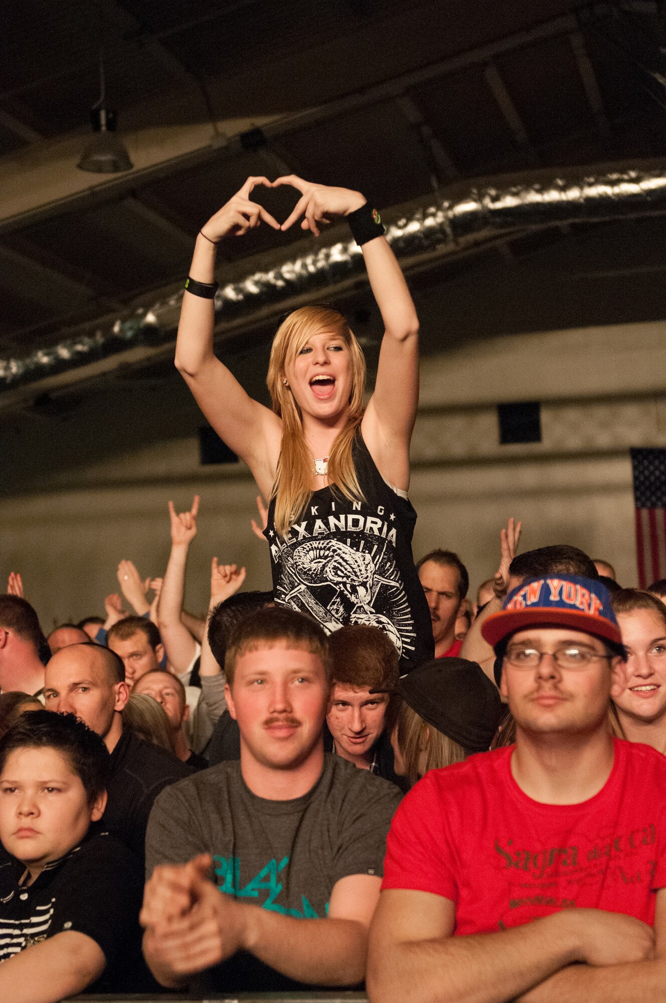 Fans cheer for the band Seether during a performance March 23, 2012, at Aviano Air Base, Italy. The three-person rock band from South Africa visited Aviano during their USO tour through Italy and Turkey. (U.S. Air Force photo/Staff Sgt. Justin Weaver)