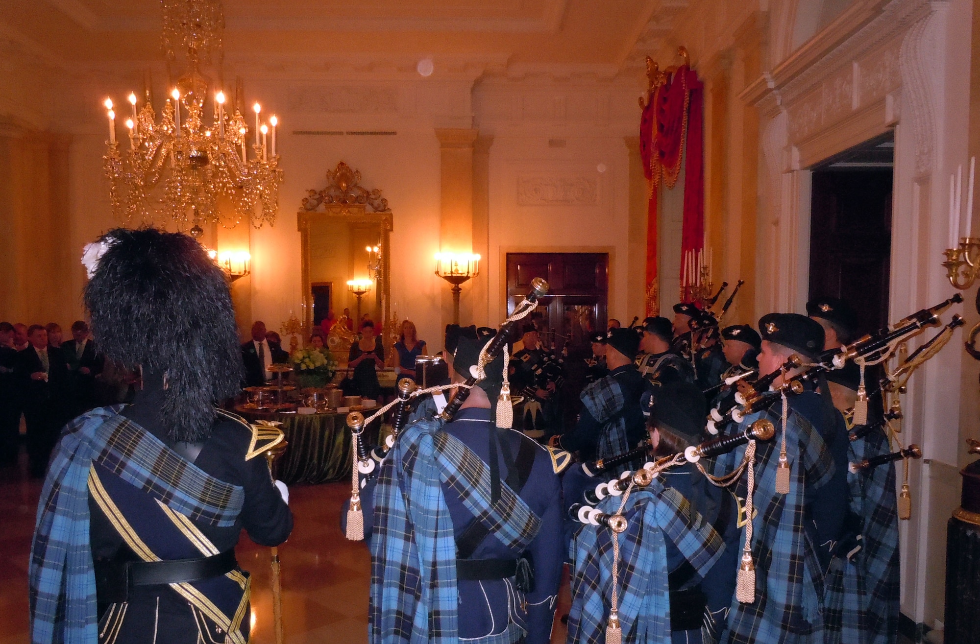 The Band of the Air Force Reserve's pipe band performs inside the White House March 20, 2012, in Washington, D.C. They performed four missions for President Barack Obama and Irish Prime Minister Enda Kenny. The pipers have performed this mission every year since 1995, Elements of the Reserve band perform an average of 279 missions annually in support of Regular Air Force and Air Force Reserve mission taskings. (U.S. Air Force photo by Chief Master Sgt. Mark Burditt)