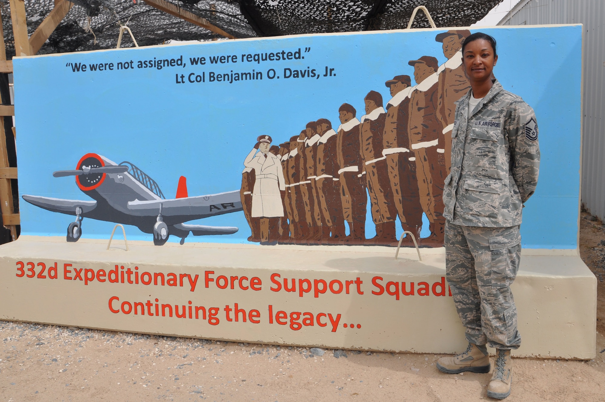 SOUTHWEST ASIA -- Master Sgt. Judith Fields, 332nd Expeditionary Force Support Squadron first sergeant, poses for a photo March 27, 2012 at an undisclosed location in Southwest Asia. Just like the original Tuskegee Airmen, she was requested. Fields is deployed from Misawa Air Base, Japan, and is a native of Bridgeport, Conn. (U.S. Air Force photo by Senior Airman Melanie Holochwost)  