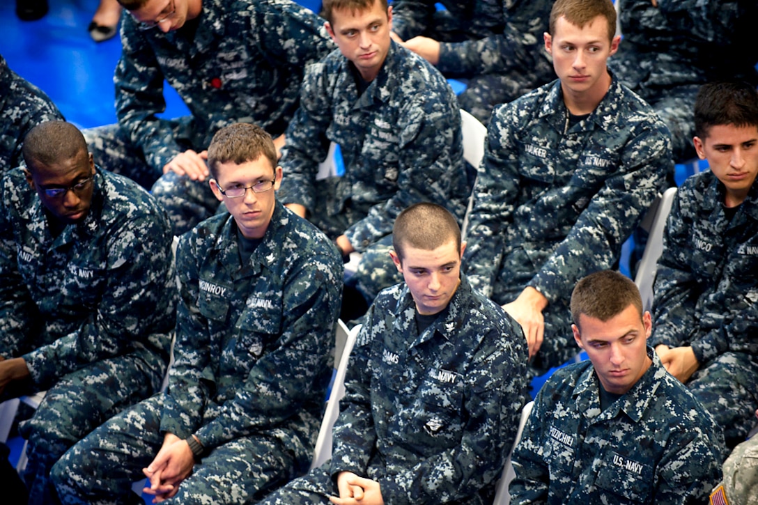 Navy sailors listen to remarks by Army Gen Martin E. Dempsey, chairman ...