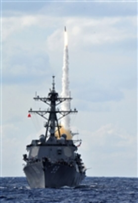 A Standard Missile (SM 2) is fired from a launcher during a live-fire exercise aboard the guided-missile destroyer USS Farragut (DDG 99) in the Atlantic Ocean on March 21, 2012.  The Farragut is participating in a group sail with the Dwight D. Eisenhower Carrier Strike Group and six other ships.  