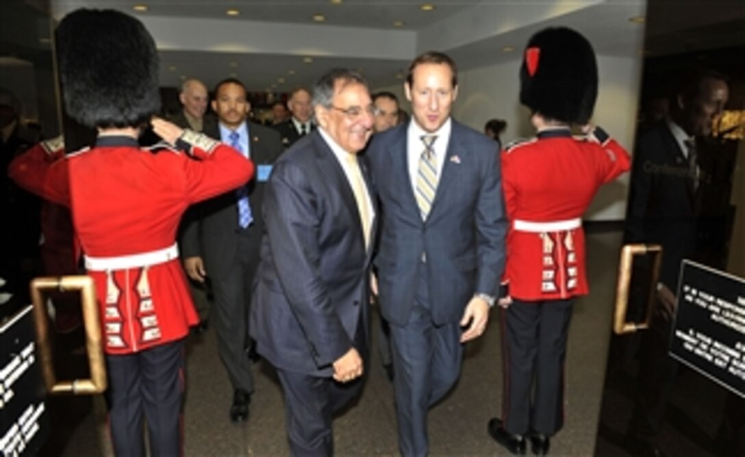 Secretary of Defense Leon E. Panetta is greeted by Canadian Minister of National Defense Peter MacKay as he arrives for trilateral meetings with Defense ministers from Canada and Mexico in Ottawa, Canada, on March 27, 2012.  