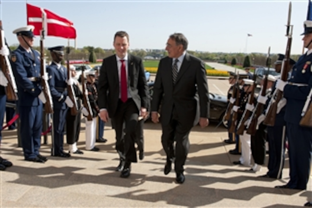 Secretary of Defense Leon E. Panetta hosts an honor cordon to welcome Denmark's Minister of Defense Nick Haekkerup to the Pentagon on March 26, 2012.  