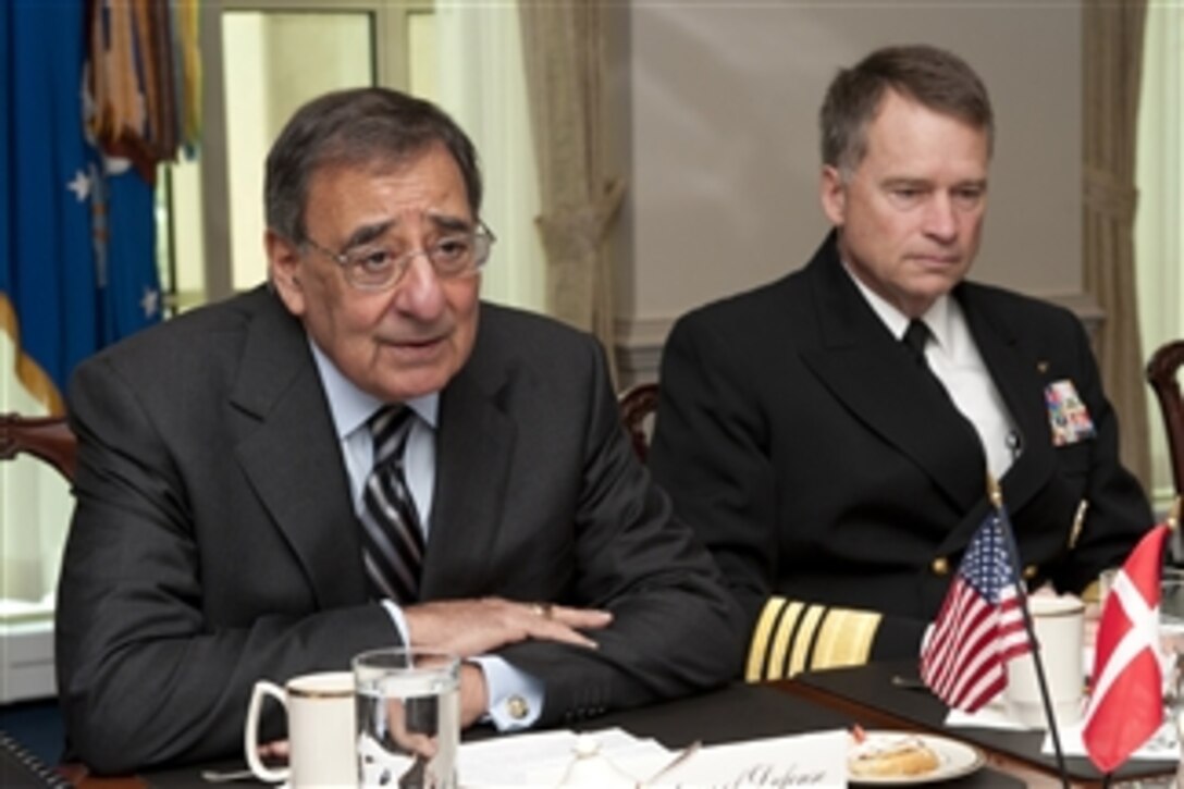 Secretary of Defense Leon E. Panetta and Vice Chairman of the Joint Chiefs of Staff Adm. James A. Winnefeld Jr. (right) meet with Denmark's Minister of Defense Nick Haekkerup in the Pentagon on March 26, 2012.  