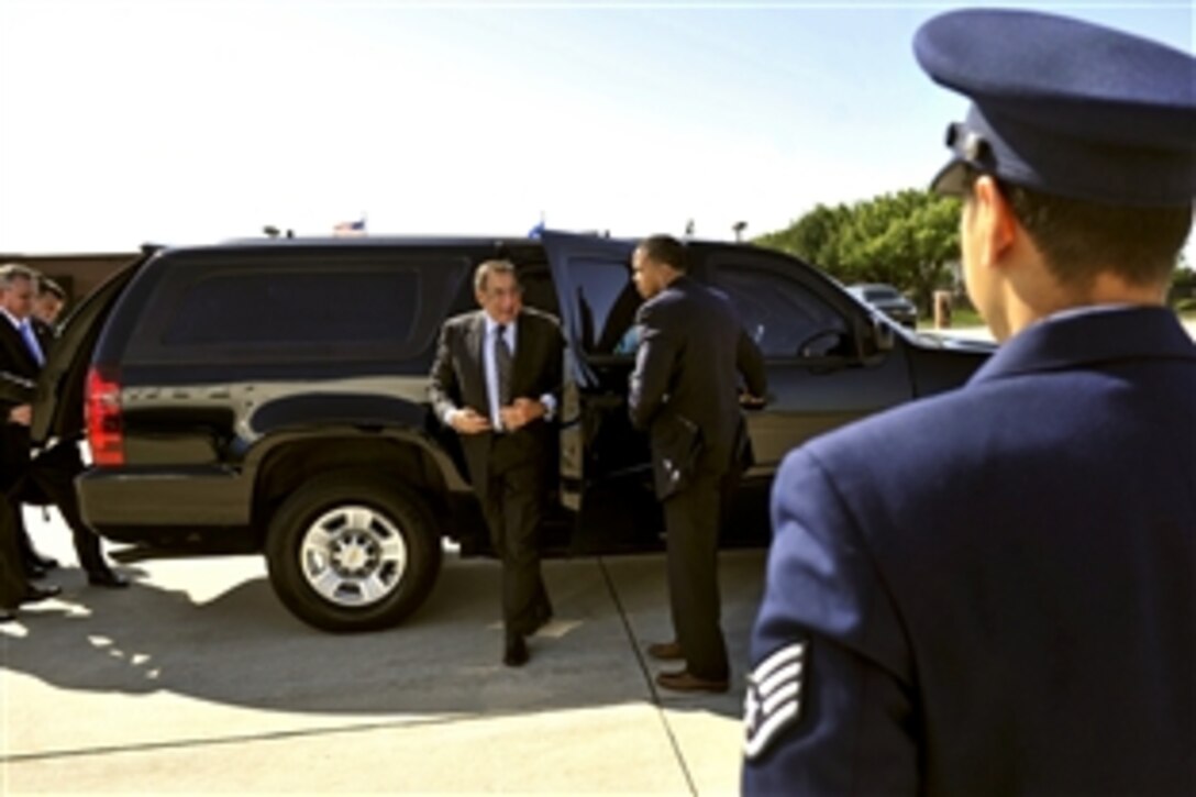 Defense Secretary Leon E. Panetta arrives on Andrews Air Force Base before departing for Ottawa, Ontario, March 26, 2012, to attend trilateral meetings with Canadian and Mexican officials.