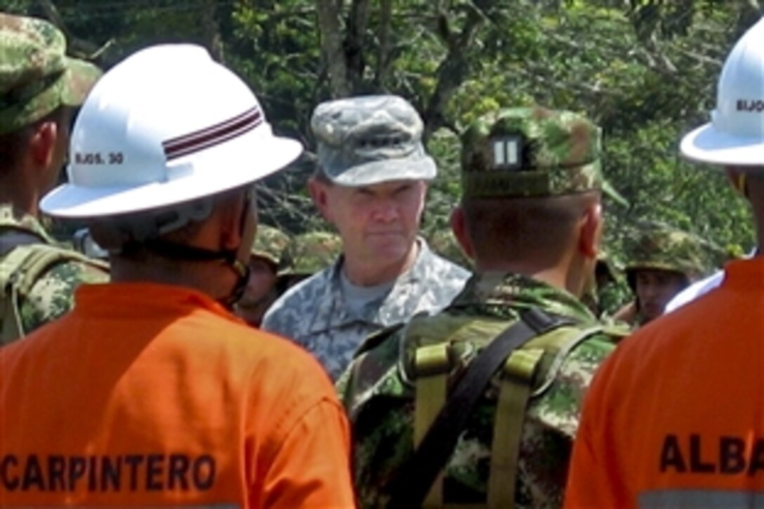 U.S. Army Gen. Martin E. Dempsey speaks to Colombian troops and engineers on Joint Task Force Vulcano near Tibu, Colombia, March 27, 2012. Dempsey is visiting the country to reaffirm ties and find better ways to partner with the important ally.