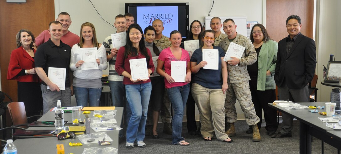 Marines aboard Marine Corps Logistics Base Barstow and their significant others attended the Marine and Family Services class ‘Married and Loving it!’ The class was held to help teach couples how to make tough times easier, deal with minor differences more smoothly and how to have a happy and enriching relationship.