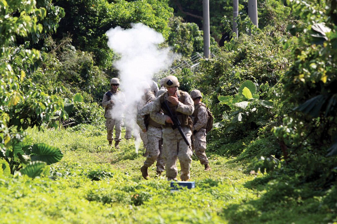 Marines are surprised by a simulated improvised explosive device during a small-unit leadership evaluation on Camp Hansen March 27. The SULE is a culminating event designed to test students of the sergeants course at the Okinawa Staff Noncommissioned Officer Academy on the lessons they have been taught.