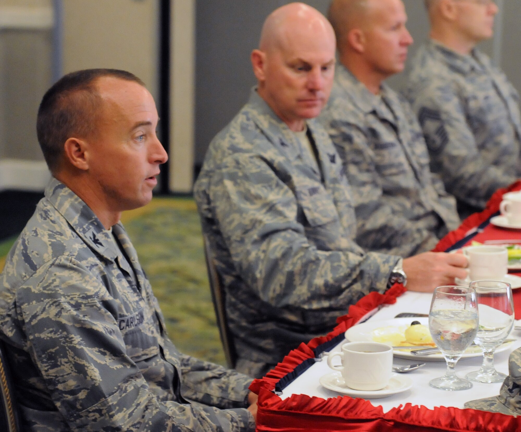 Col. Dan Carlson, Joint Base Pearl Harbor-Hickam vice commander, speaks about the importance of the Air Force Assistance Fund at the 2012 AFAF kickoff breakfast March 22 hosted at the Tradewinds enlisted club on JBPHH, Hawaii. The Air Force Assistance Fund is the official relief organization of the Air Force and contributes to relief programs such as the "Falcon" loan program and the Spouse Tuition Assistance Program. (U.S. Air Force photo by Staff Sgt. Nathan Allen)
