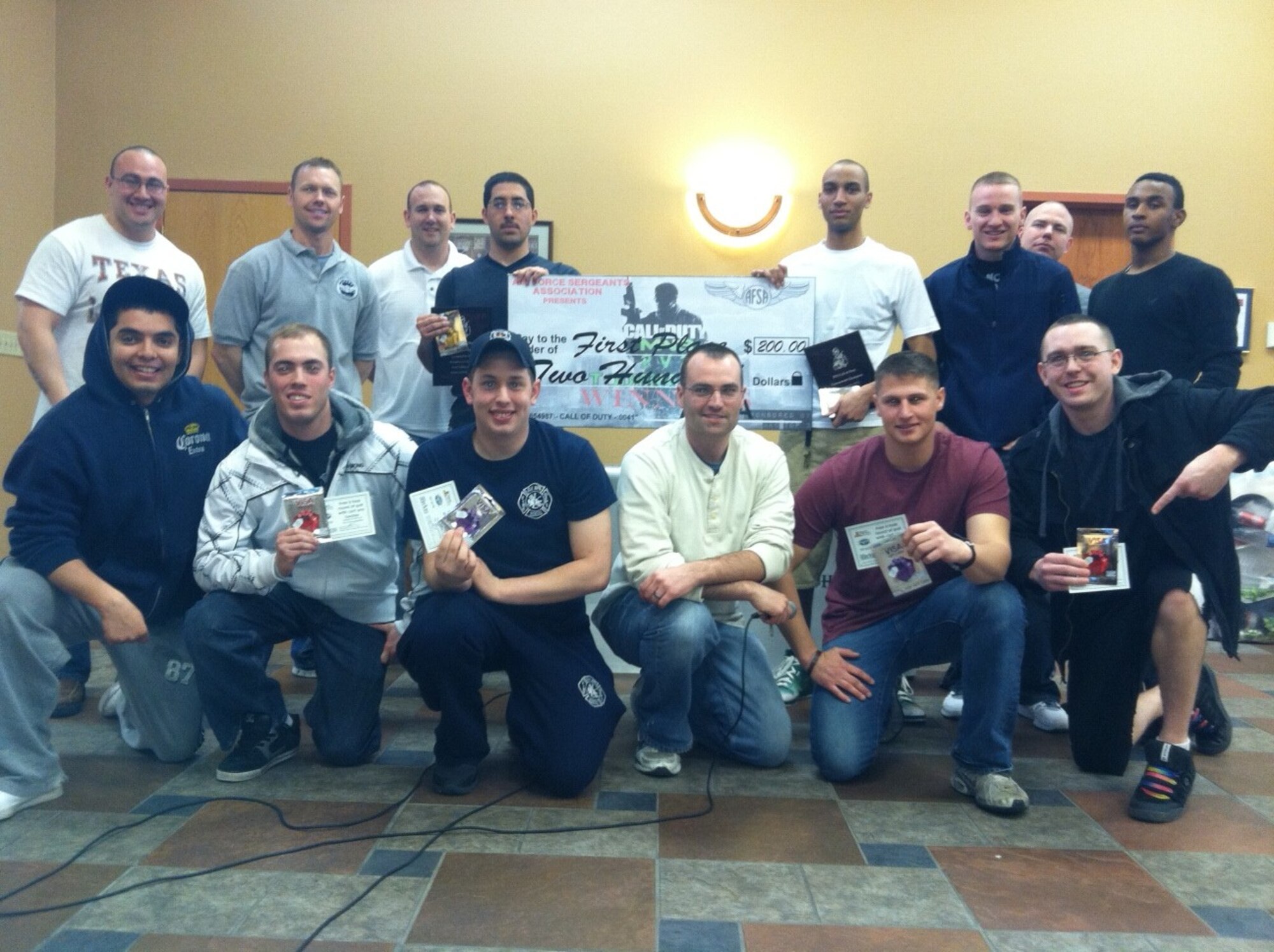 Attendees of the 2nd annual Air Force Sergeants Association Call of Duty gaming tournament pose for a photo March 24, 2012, on Grand Forks Air Force Base, N.D. The event was sponsored by the AFSA Chapter 964, with contributions from the Grand Forks AFB Airman's Activity Council and Top 3 organization. (U.S. Air Force courtesy photo)