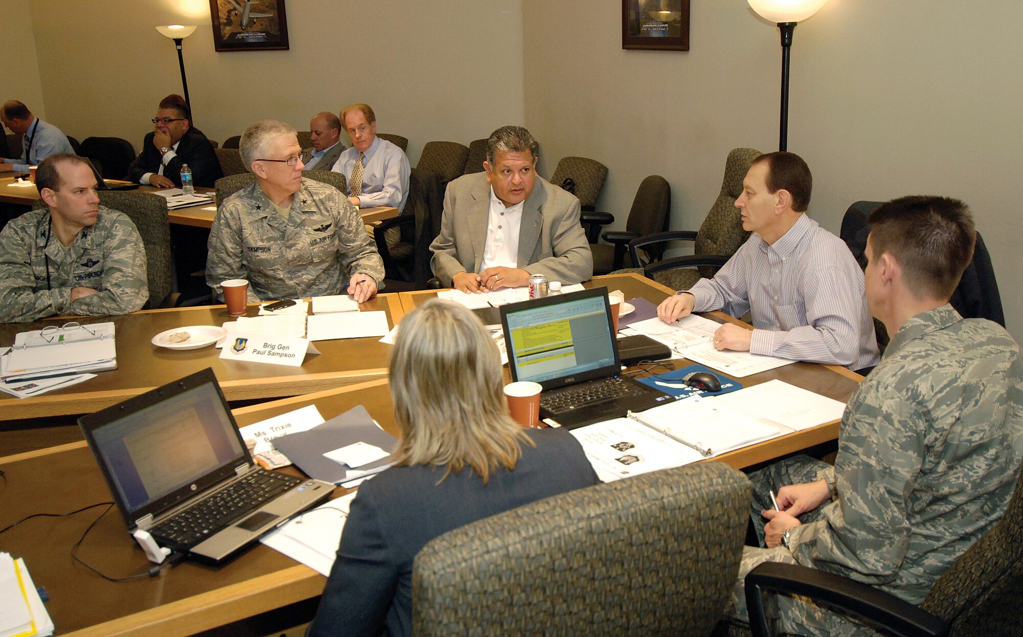 During an Air Force Sustainment Center face-to-face Core Team Planning Meeting March 14-16 at Tinker Air Force Base, senior leaders and AFSC Core/Sub-Team members from across the command discuss the way ahead for the future AFSC. Pictured are, front from left, Trixie Brewer, AFSC Core Team Lead/591st Supply Chain Management Group deputy director, Air Force Global Logistics Support Center; and Col. Tom Miller, AFSC Core Team Lead/Ogden Air Logistics Center vice commander; back from left, Col. Mallory Knight,  AFSC Functional Lead for Engineering/Oklahoma City Air Logistics Center Directorate of Engineering & Technical Management deputy director; Brig. Gen. Paul Sampson, Air Force Materiel Command mobilization assistant to the commander; Gil Montoya, AFSC Logistics Stand-Up Lead/448th Supply Chain Management Wing director, AFGLSC; and Ross Marshall, AFSC Stand-Up Lead/OC-ALC executive director.(Air Force photo by Margo Wright)