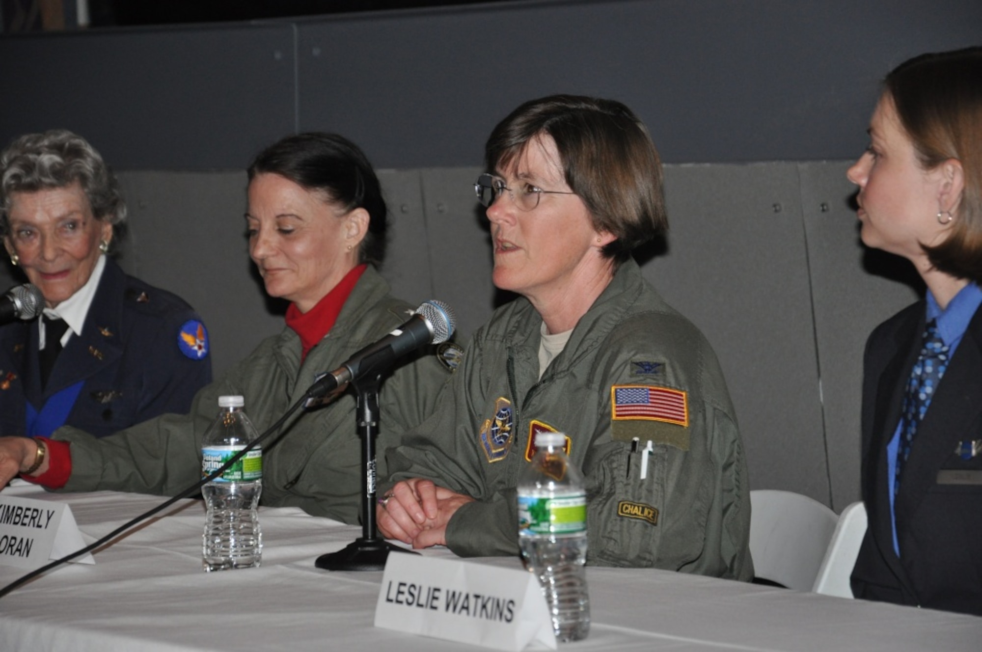 JOINT BASE McGUIRE-DIX-LAKEHURST, N.J. -- Col. Kimberly Corcoran, U.S. Air Force Expeditionary Center vice commander, talks to Girl Scout troops during a “Women Pilots” panel discussion at the Intrepid Sea, Air and Space museum in New York City, March 24. (From left to right) Bernice “Bee” Falk Haydu, a former Women Airforce Service Pilot during World War II; Rear Adm. Wendi Carpenter, president of the State College of New York Maritime College; and Leslie Watkins, commercial airline and instructor pilot for Jet Blue; were also panel members for the event hosted in honor of Women’s History Month. (U.S. Air Force photo by 1st Lt. Sybil Taunton, U.S. Air Force Expeditionary Center public affairs)