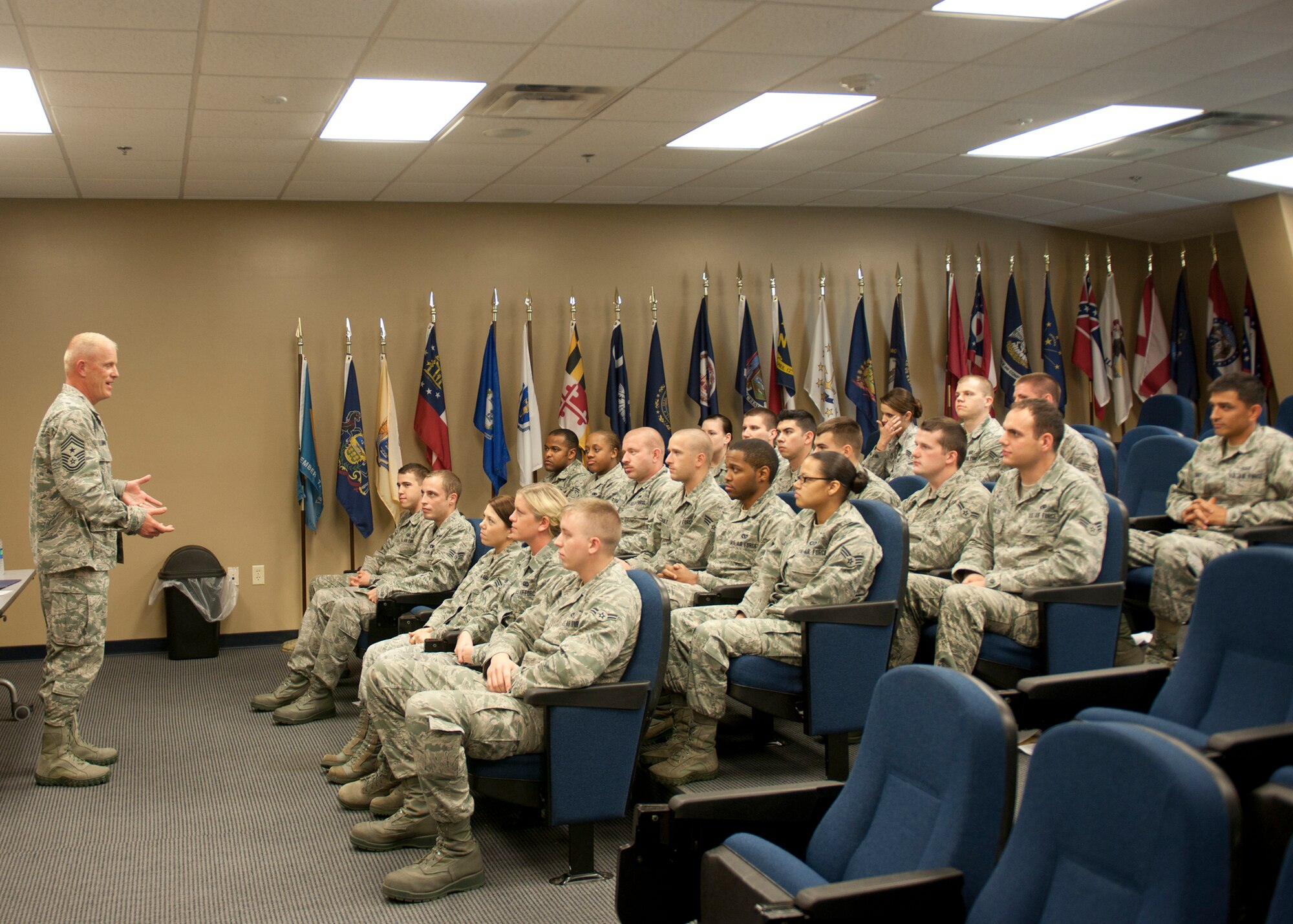 U.S. Air Force Chief Master Sgt. Frank Batten, 23d Wing command chief, visits the Master Sgt. Michael H. Maltz First Term Airmen Center during the Airmen Professional Enhancement Course, at Moody Air Force Base, Ga., March 23, 2012. During the three day course the customs and courtesies taught in basic training were reemphasized to improve the Airmen’s leadership skills. (U.S. Air Force photo by Senior Airman Eileen Meier/Released)