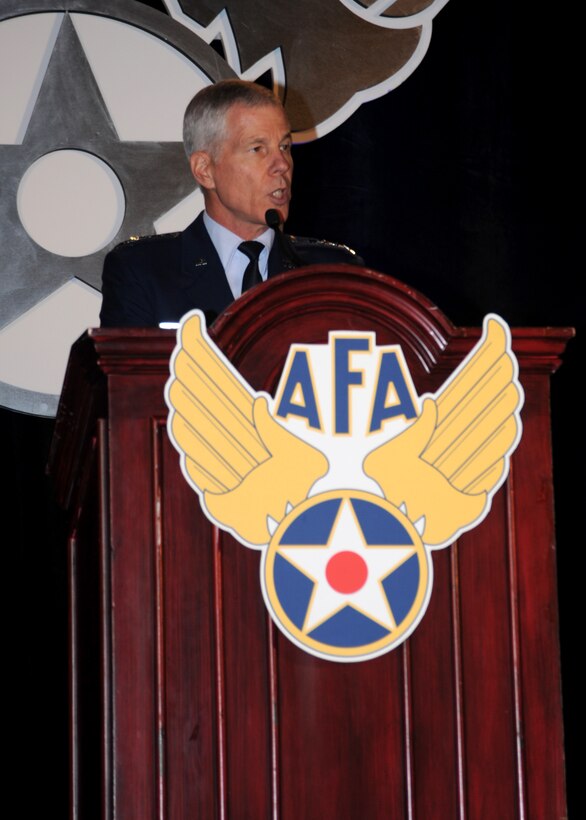General William L. Shelton, Air Force Space Command commander, Peterson Air
Force Base, Colo., speaks at the Air Force Association CyberFutures
Symposium and Technology Exposition at National Harbor, MD, March 22, 2012.
The conference brings Air Force leadership, industry experts, as well as
academia and current cyber security specialists from around the world to
discuss the cyber security issues and challenges facing America today. (U.S. Air Force photo/Senior Airman Christina Brownlow)