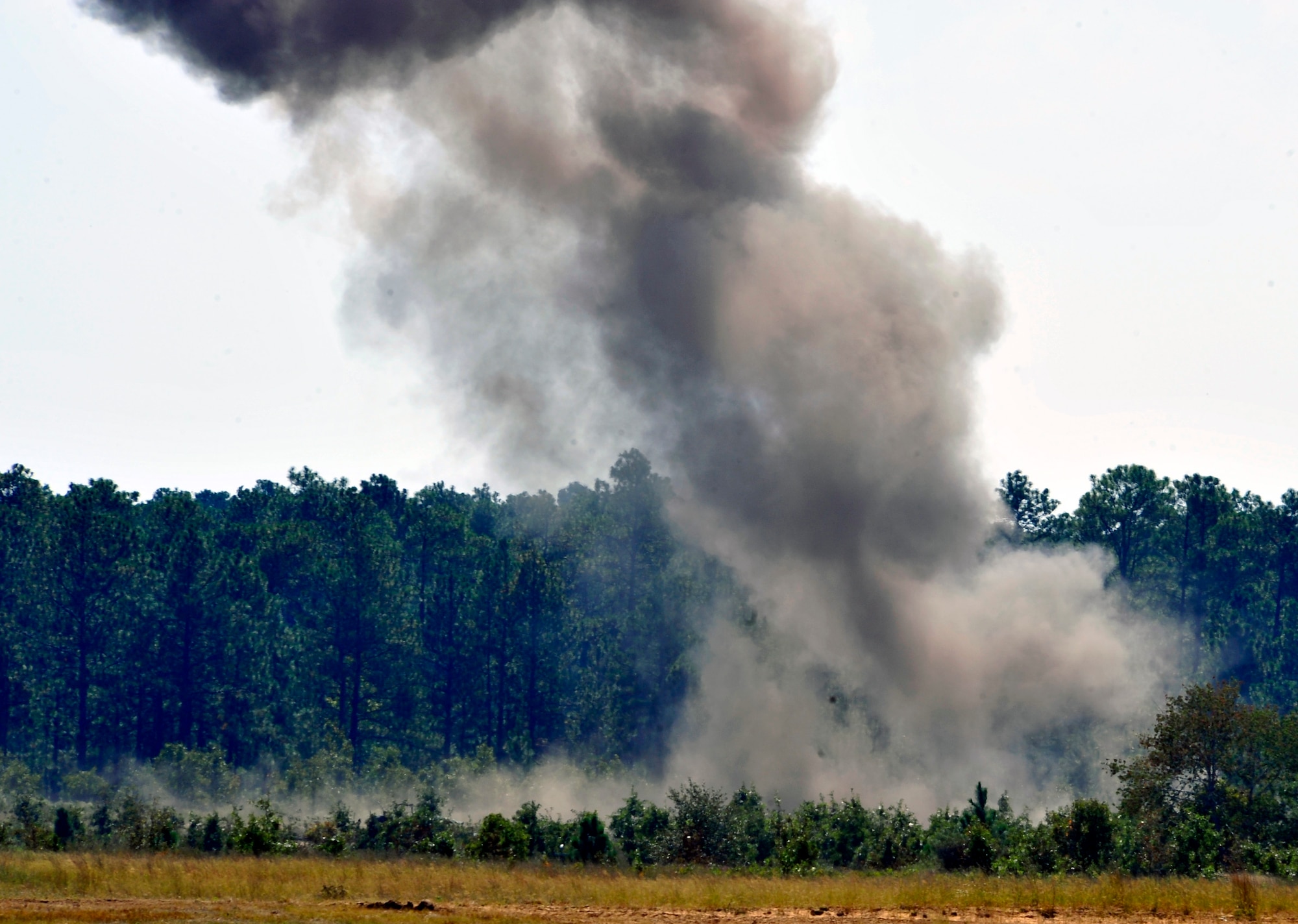 Smoke is seen in the distance as explosives are detonated by the 20th Civil Engineer Squadron explosive ordnance disposal technicians at Poinsett Range near Wedgefield, S.C., Sept. 23, 2010. EOD techs are called upon when unexploded bombs need to be dealt with. (U.S. Air Force photo by Senior Airman Daniel Phelps/Released)