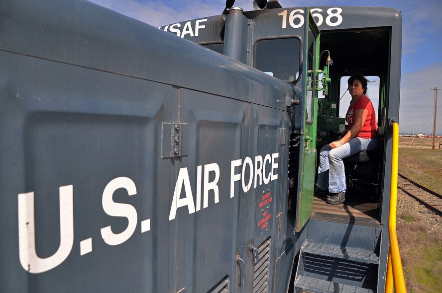 Susan Mertes, 9th Support Division locomotive engineer, operates a locomotive at Beale Air Force Base, Calif., March 21, 2012. Mertes operates one of the few locomotives in the Air Force inventory to deliver U-2 jet fuel to the base. (U.S. Air Force photo by Airman 1st Class Andrew Buchanan/Released)