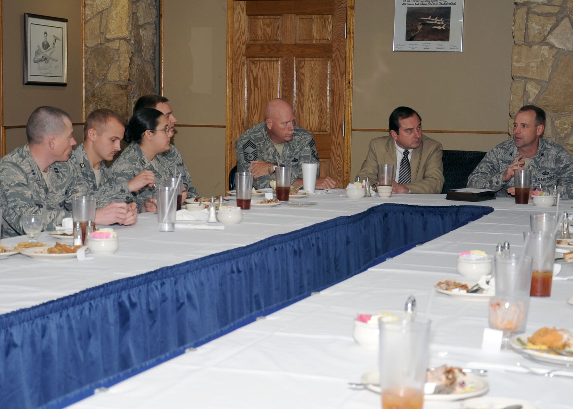 ALTUS AIR FORCE BASE, Okla. — Col. James D. Peccia, 97th Mission Support Group commander, briefs cadets from the University of Oklahoma Air Force Reserve Officer Training Corps Detachment 675, about what to expect when they commission into the Air Force during a luncheon at Club Altus, Mar. 22, 2012. The cadets visited the base to experience firsthand the duties they will be performing once they commission. (U.S. Air Force photo by Senior Airman Leandra D. Stepp / 97th Air Mobility Wing Public Affairs / Released)