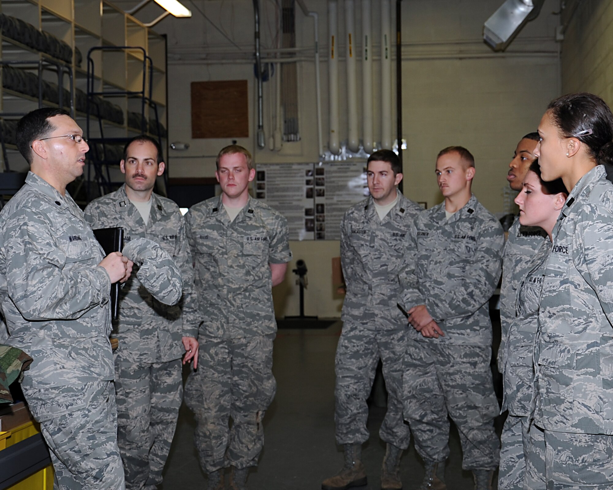 ALTUS AIR FORCE BASE, Okla. — Lt. Col. Randy Wardak, 97th Communications Squadron commander, briefs cadets from the University of Oklahoma Air Force Reserve Officer Training Corps Detachment 675, about deployment readiness in building 369, Mar. 22, 2012. During their visit, the cadets participated in Air Force Specialty Code specific job shadowing which gave them a realistic idea of what their potential job assignments will be like once they commission. (U.S. Air Force photo by Senior Airman Leandra D. Stepp / 97th Air Mobility Wing Public Affairs / Released)