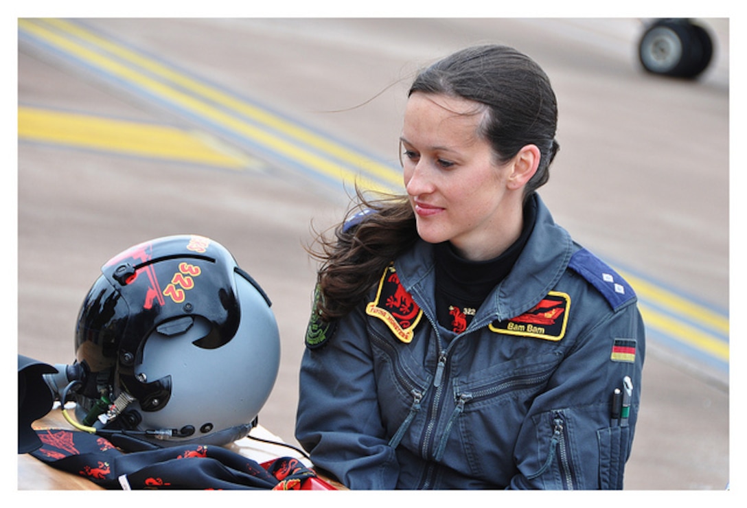 1Lt. Nicola Baumann, an instructor pilot with the 459th Flying Training Squadron, prepares for a PA-200 ECR Tornado flight in Germany in this undated photo.  Baumann became just the second female fighter pilot in the history of the German Air Force back in 2007 after completing the Euro-Nato Joint Jet Pilot Training program at Sheppard Air Force Base, Texas.  (U.S. Air Force courtesy photo)