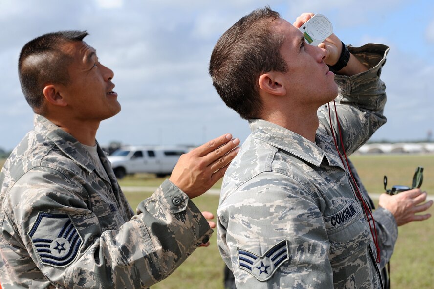 U.S. Air Force Master Sgt. Samuel Louie, 820th Combat Operations Squadron drop zone safety officer, instructs Senior Airman Kyle Coughlin, on recording wind speed at Moody Air Force Base, Ga., March 21, 2012. The DZSO is responsible for aiding the drop aircraft in navigation to the drop zone. (U.S. Air Force photo by Staff Sgt. Ciara Wymbs/Released) 