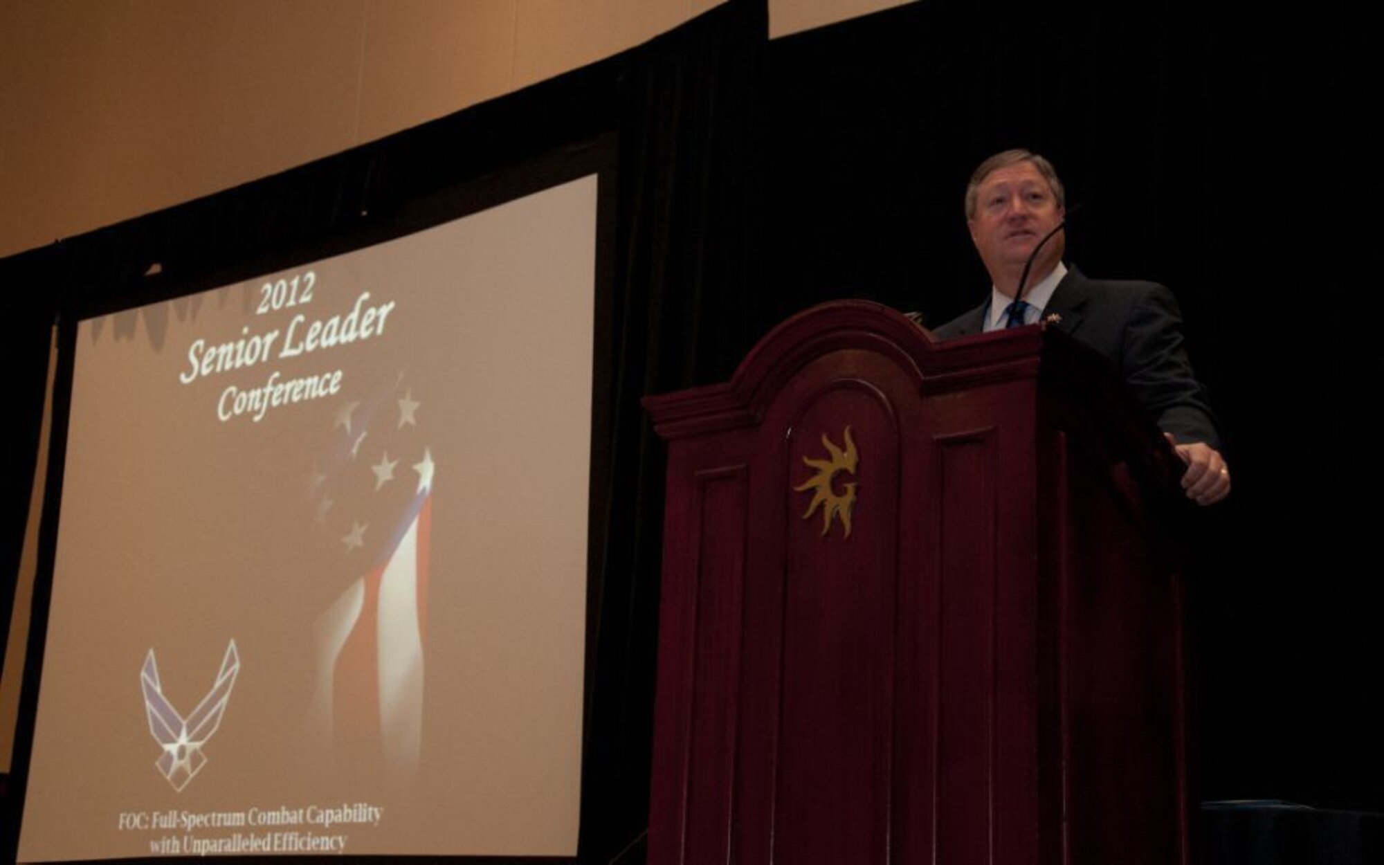 Secretary of the Air Force Michael Donley addresses Total Force topics with
senior leaders of the Air Force Reserve Command during Air Force Reserve Command's 2012 Senior Leader Conference March 26, 2012, at the Gaylord Hotel in National Harbor, Md. This year's SLC theme was "Full Operational Capability: Full Spectrum Combat Capability with Unparalleled Efficiency," and how the Reserve fits into the big picture of a Total Force. (U.S. Air Force photo/Senior Airman Katie Spencer)
