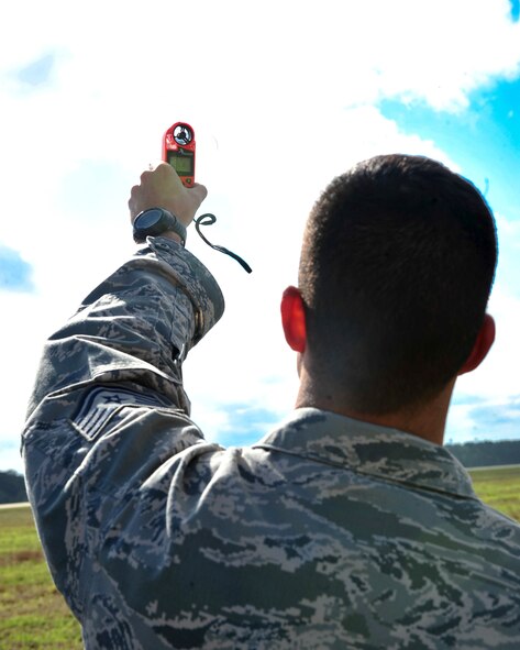 U.S. Air Force Tech. Sgt. David Edwards, 820th Combat Operations Squadron jumpmaster, measures the surface wind speed and updates the pilot with the coordinates of the direction from where the wind is blowing from at Moody Air Force Base, Ga., March 21, 2012. By communicating with Edwards, the pilot can determine where he needs to fly in order for the first jumper to land on his mark. (U.S. Air force photos by Staff Sgt. Stephanie Mancha/Released)
