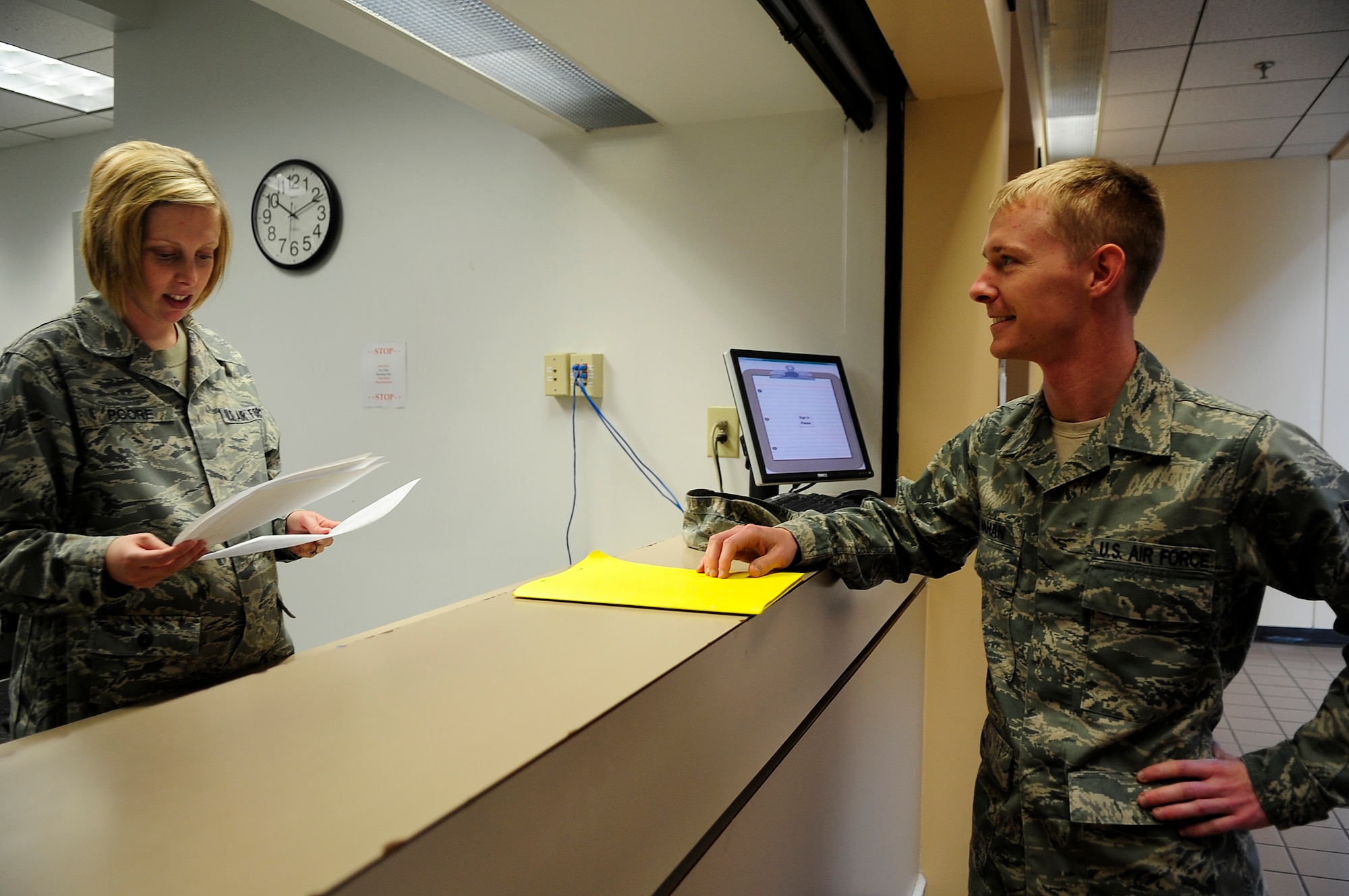 U.S. Air Force Staff Sgt. Franklin Mahan, 20th Contracting Squadron contract administrator, begins his out processing in the military processing facility at Shaw Air Force Base, S.C., March 22, 2012. Mahan is this week’s Shaw Spotlight. An Airman is nominated for the Shaw Spotlight weekly due to their outstanding progression and effort in their job.  (U.S. Air Force photo by Airman 1st Class Hunter Brady/Released)

