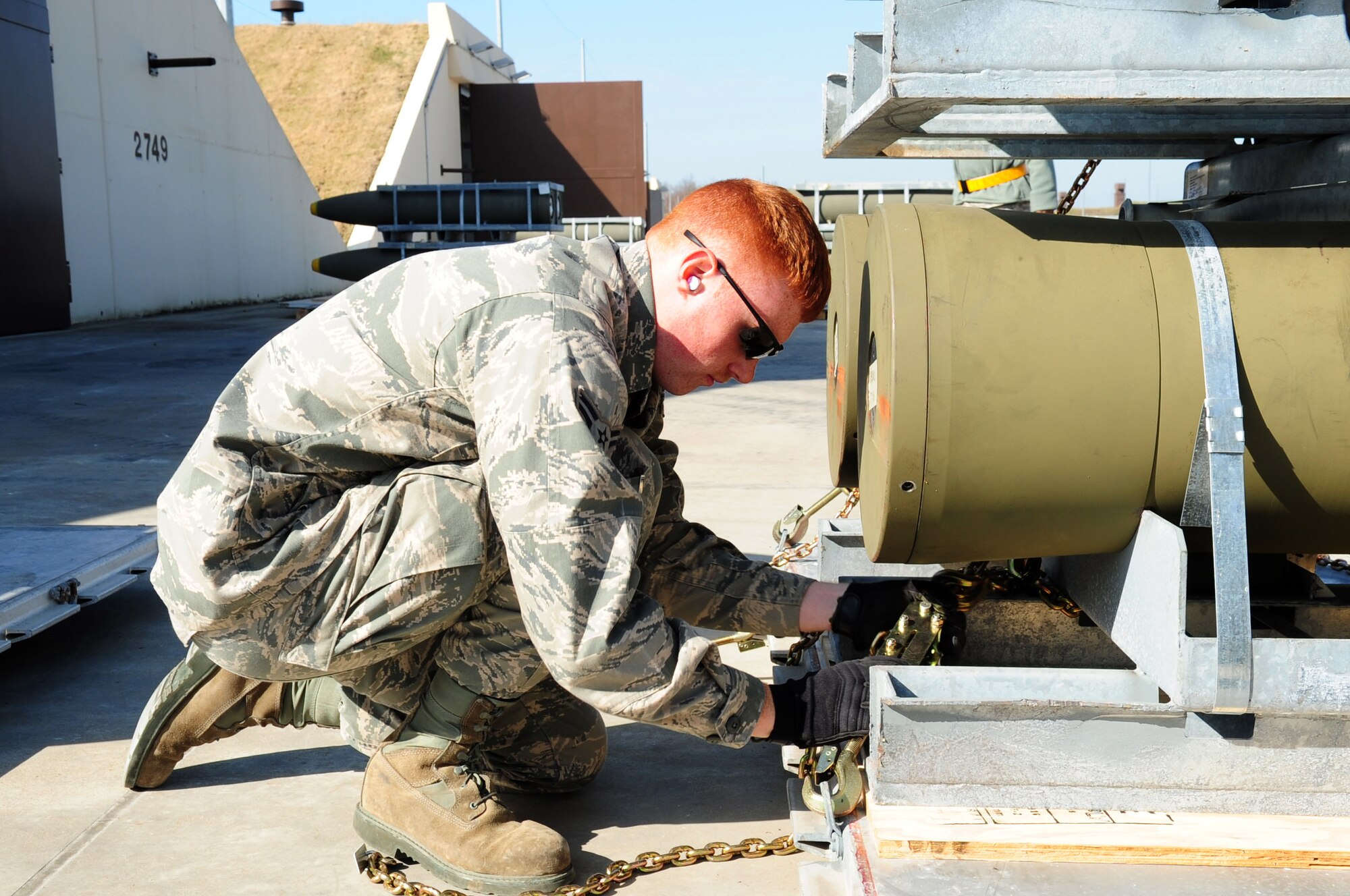 Airman 1st Class David Reed, 86th Munitions Squadron, participates in a tactical air munitions rapid response package exercise at Ramstein Air Base, Germany, March 27, 2012. Members of the 86th MUNS participate in a TARRP exercise quarterly to stay familiar with current processes and become more efficient for real world missions. (U.S. Air Force photo by Senior Airman Brittany Perry)
