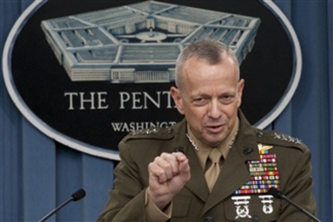 Commander International Security Assistance Force and U.S. Forces Afghanistan Gen. John R. Allen, U.S. Marine Corps, briefs the press in the Pentagon on March 26, 2012.  