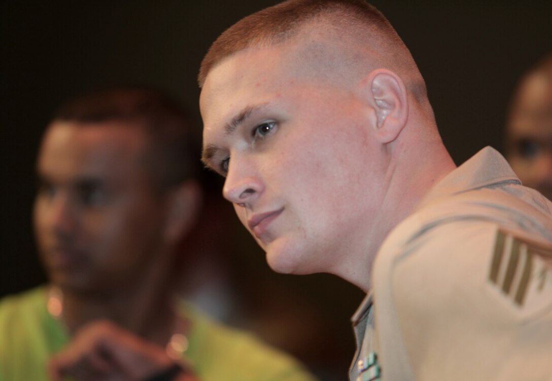 Matt Ellis, a former Marine sergeant and Lumberton High School graduate, speaks during his Purple Heart ceremony at LHS, March 27, Lumberton, N.C. Ellis, who graduated high school in 2007 before joining the Marine Corps, has since returned to the area and now works as a Deputy Sheriff for Hokes County.
