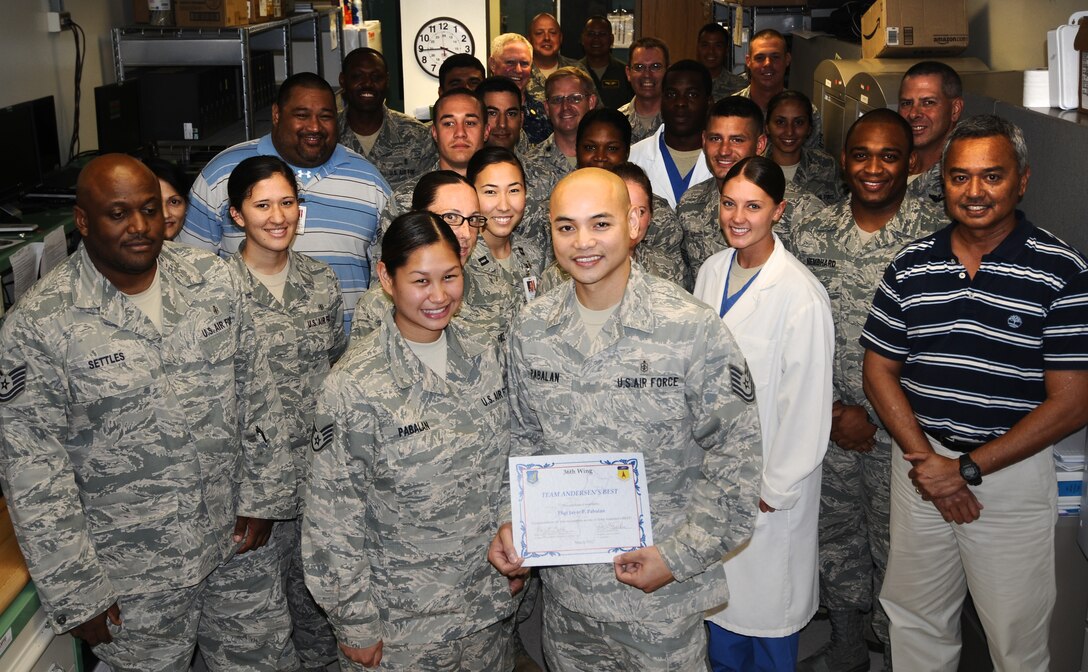 Tech. Sgt. Jayar Pabalan, 36th Medical Support Squadron
noncommissioned officer in charge, was awarded Team Andersen's Best, March
22.  Andersen's Best is a recognition program which highlights a top
performer from the 36th Wing. Each week, supervisors nominate a member of
their team for outstanding performance and the wing commander presents the
selected Airman/civilian with an award. To nominate your Airmen/civilian for
Andersen's Best, contact your unit chief or superintendent explaining their
accomplishments.  (U.S. Air Force photo/Airman 1st Class Mariah Haddenham)
 
