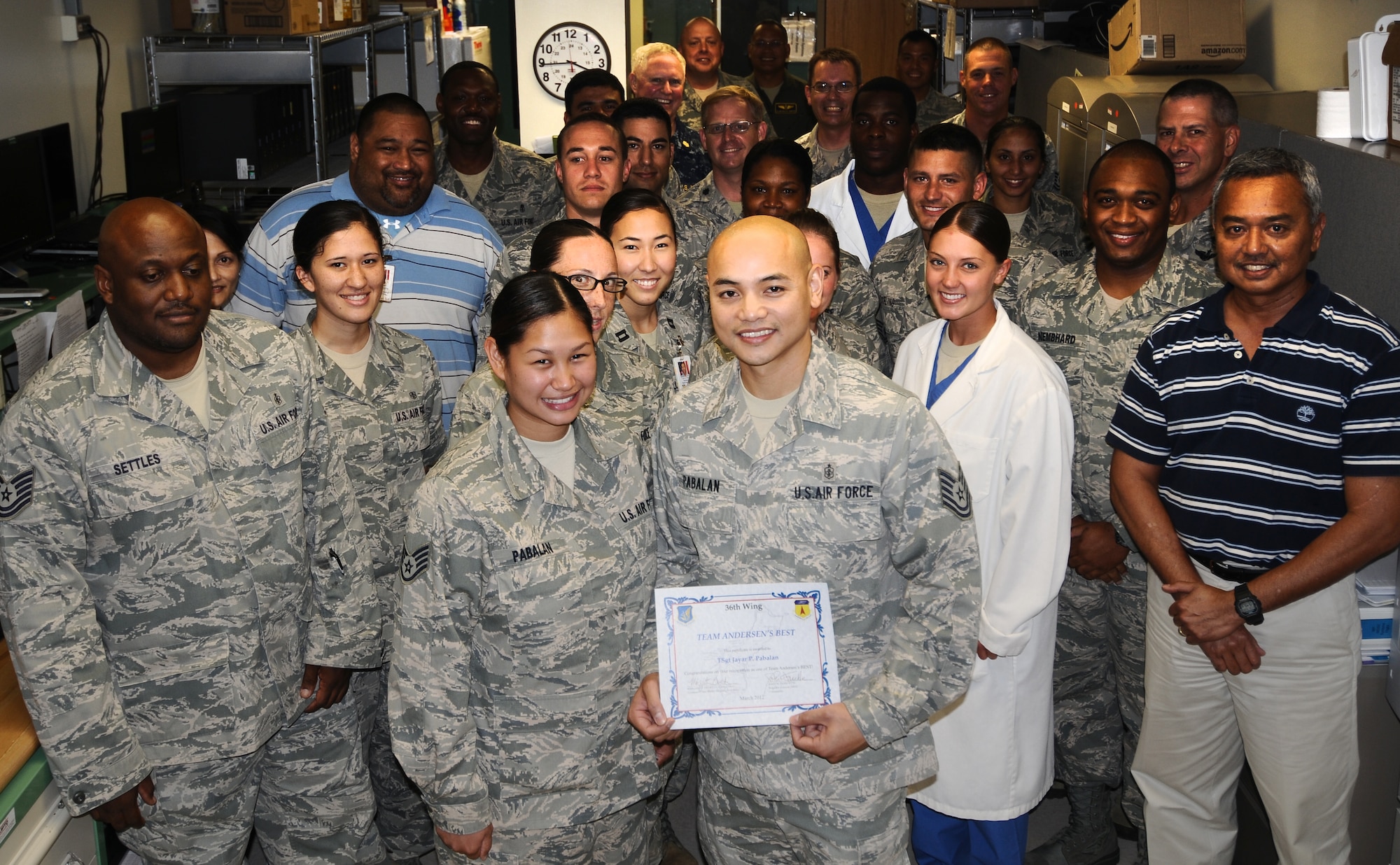 Tech. Sgt. Jayar Pabalan, 36th Medical Support Squadron
noncommissioned officer in charge, was awarded Team Andersen's Best, March
22.  Andersen's Best is a recognition program which highlights a top
performer from the 36th Wing. Each week, supervisors nominate a member of
their team for outstanding performance and the wing commander presents the
selected Airman/civilian with an award. To nominate your Airmen/civilian for
Andersen's Best, contact your unit chief or superintendent explaining their
accomplishments.  (U.S. Air Force photo/Airman 1st Class Mariah Haddenham)
 
