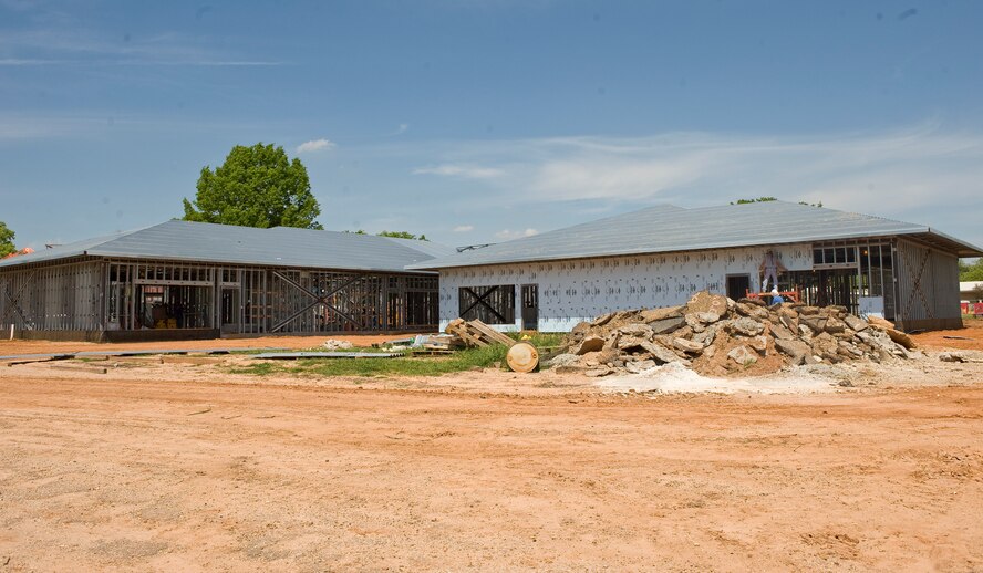 Construction workers hang drywall at the new Child Development Center expansion on Barksdale Air Force Base, La., March 27. The project is scheduled to be completed later this year. (U.S. Air Force photo/Senior Airman Chad Warren)(RELEASED)