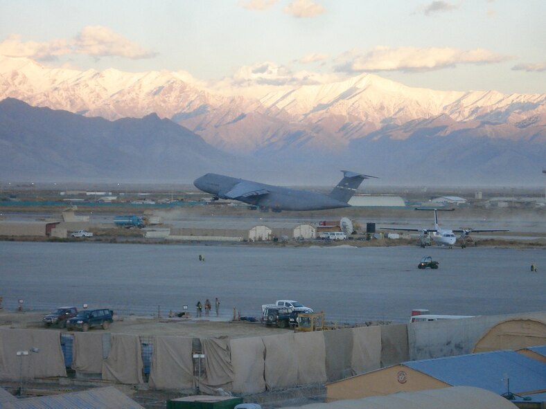 A C-5 Galaxy takes off from a runway at Bagram Air Base, Afghanistan. In recent years, the 22nd Airlift Squadron has participated in missions in Afghanistan supporting Operation Enduring Freedom. (Courtesy photo)