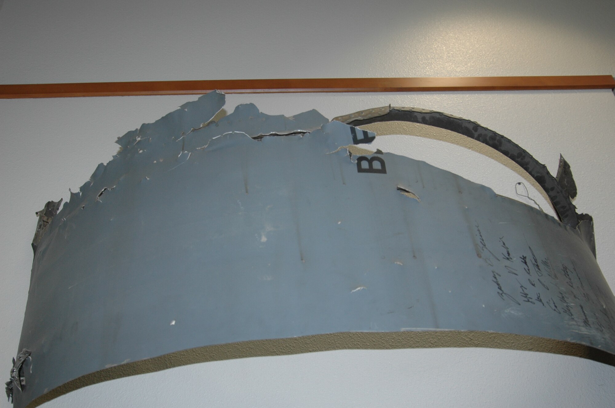 C-5 Galaxy engine cover on display in the 22nd Airlift Squadron building at Travis. (U.S. Air Force photo /Tyler Grimes)
