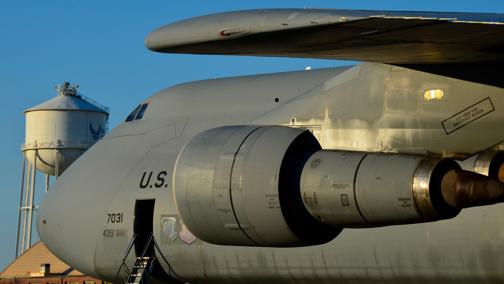 A Westover C-5B sits on the flightline boasting its four turbofan engines which, mounted on pylons under the wings, power the C-5. Each engine pod is nearly 27 feet long, weighs 7,900 pounds and has an air intake diameter of more than 8 1/2 feet. (U.S. Air Force photo/SrA. Kelly Galloway)