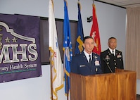 Air Force Maj. Gen. Byron Hepburn (left), 59th Medical Wing commander, and Army Maj. Gen. Ted Wong, Southern Regional Medical Command and Brooke Army Medical Center commander, announce the new San Antonio Military Health System Sept. 16, 2011, at a press conference in San Antonio, Texas. The new SAMHS will oversee all Army and Air Force medical treatment facilities in the San Antonio metropolitan area. Hepburn is the first director of the SAMHS and Wong is now the new deputy director of SAMHS. (US Air Force photo by Ron Rogers)