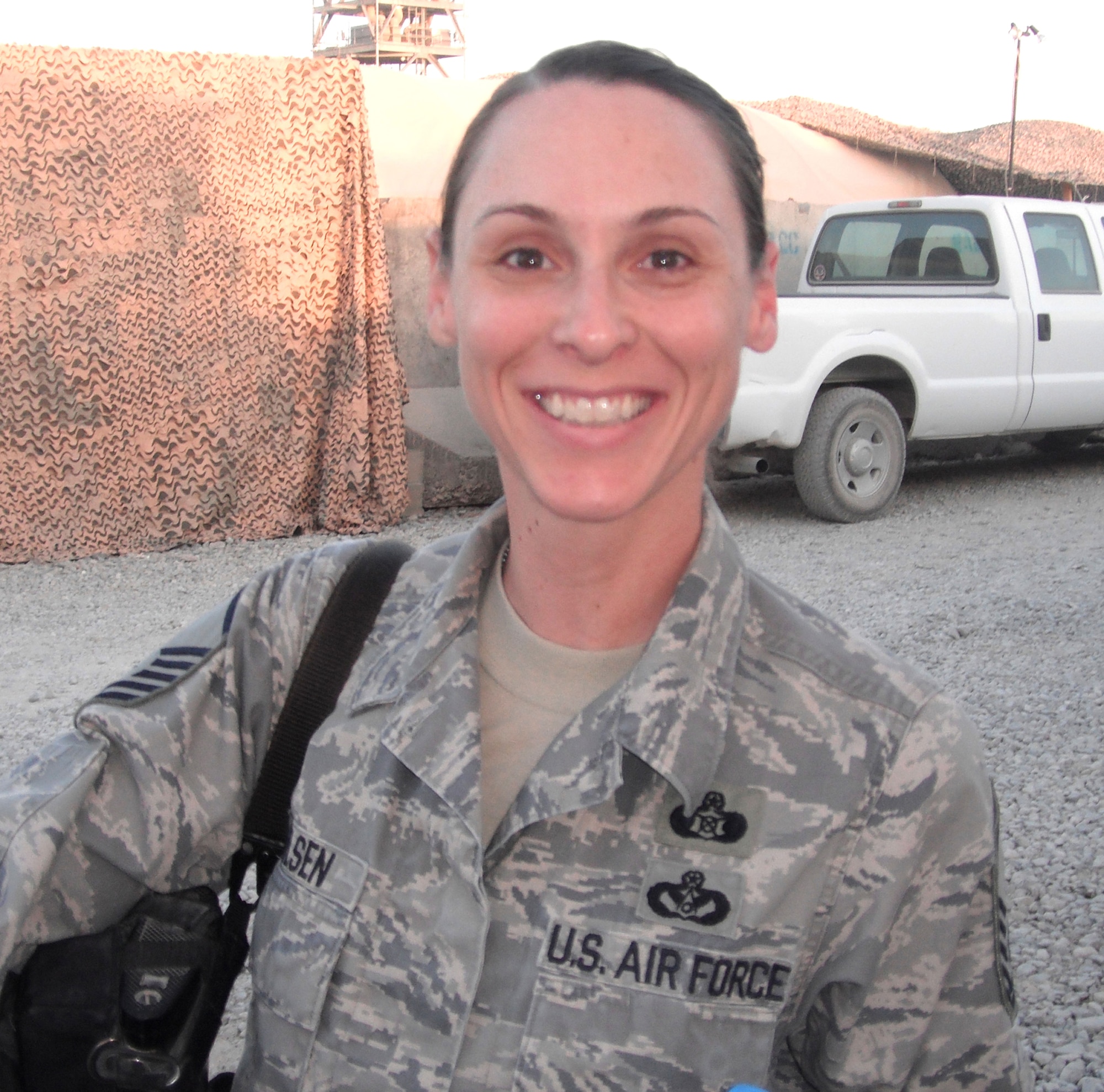 SOUTHWEST ASIA – Master Sgt. Stephanie Nelsen, 509th Civil Engineer Squadron readiness and emergency management superintendent, returned from her six-month deployment to the 451st Expeditionary Civil Engineer Squadron, where she worked to ensure personnel were prepared for any threats.  (Courtesy photo)