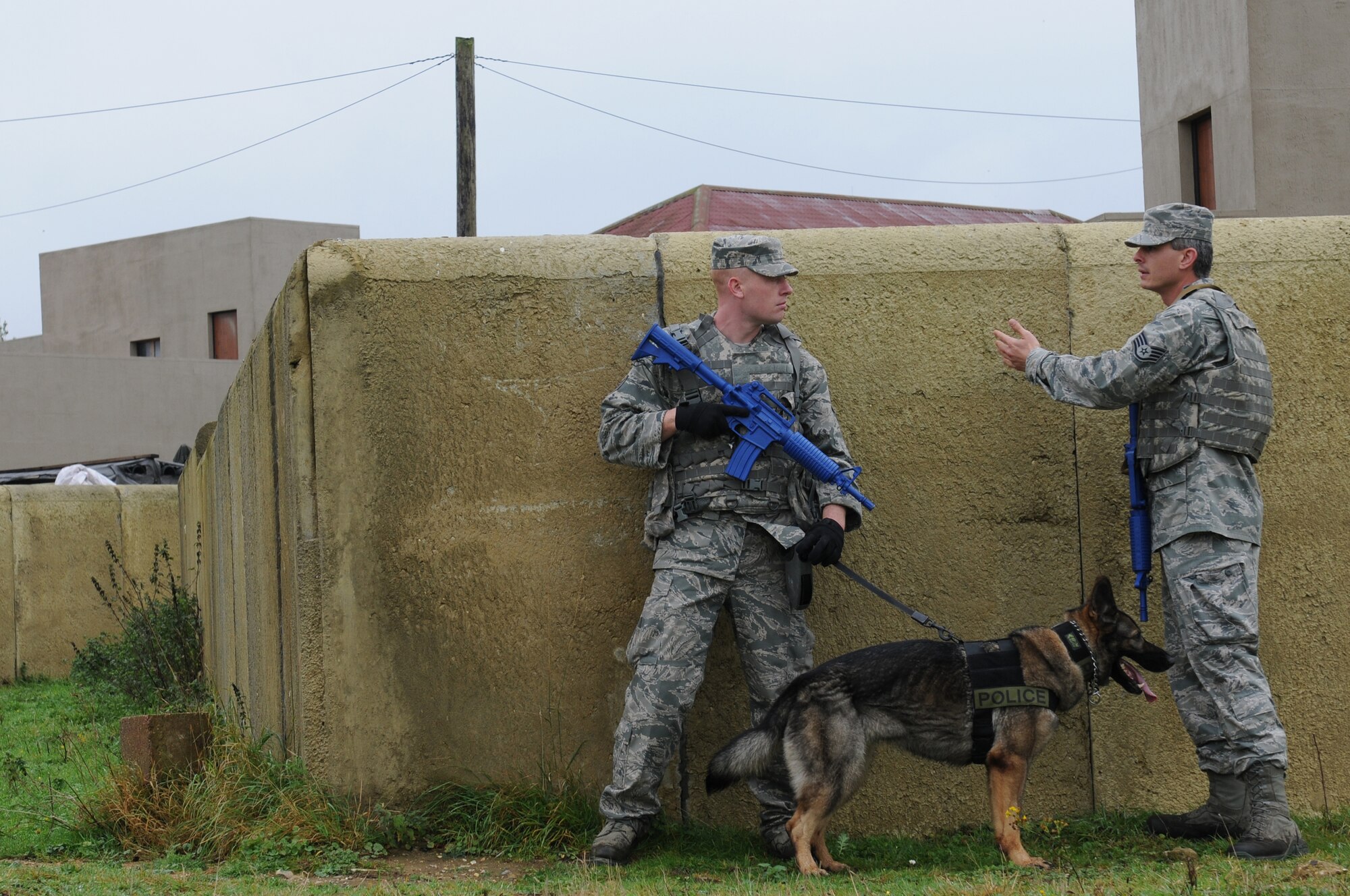 STANFORD TRAINING AREA, England - Staff Sgts. Christopher Maziarka (left) and Michael Marks, 48th Security Forces Squadron military working dog handlers, discuss tactics during an improvised explosive devices detection exercise Oct. 13, 2011. The 48th SFS was named the 2011 Air Force’s Outstanding Security Forces Large Unit.  (U.S. Air Force photo by Airman Cory D. Payne)