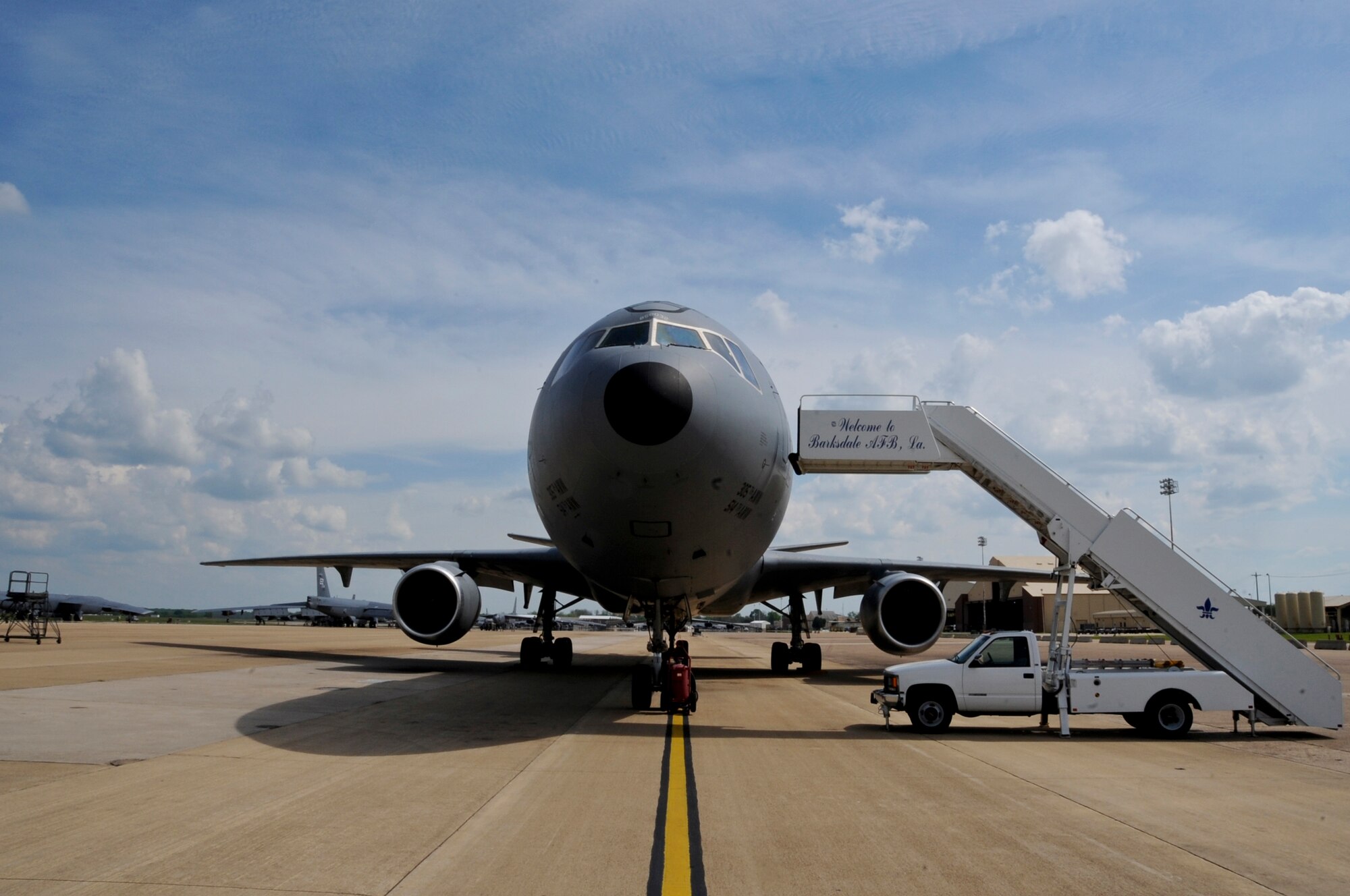 A KC-10 Extender rests on the flight line on Barksdale Air Force Base, La., March 28. The KC-10 is a tanker cargo aircraft designed to increase global mobility for U.S. aircraft through in-flight refueling. The tankers are visiting from Travis AFB, Calif. and McGuire AFB, N.J., to practice in-flight refueling with larger aircraft. (U.S. Air Force photo/Airman 1st Class Micaiah Anthony)(RELEASED)